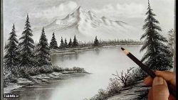 فیلم طراحی منظره - نقاشی کوه برفی با سیاه قلم