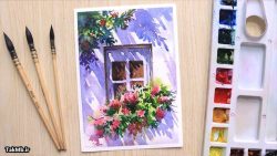 نقاشی درخت گل و پنجره با آبرنگ
